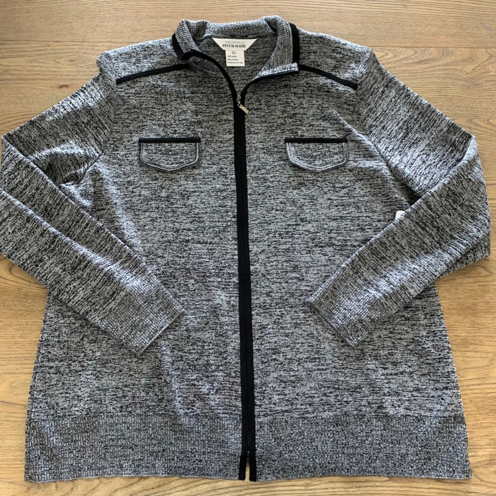 Misook Gray Marl Knit Full Zip Mock Neck Jacket XL Contrast Trim Space Dye NWOT